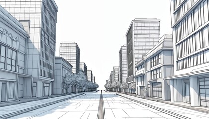 Poster - Cityscape urban architecture in line art 3D illustration. City street perspective with buildings, trees drawn in contour style. Modern design for architectural planning, creative composition, visual