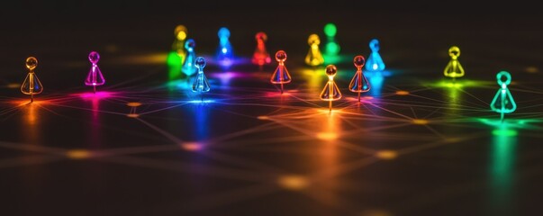 Poster - Colorful figurines on a glowing network grid with light beams