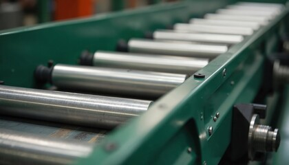 Poster - close-up on conveyor belt rollers showing metal textures, mechanical movement. industrial setting wi