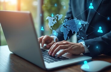 Poster - businessman uses laptop, displays global customer network structure. person types on keyboard, manag
