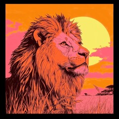 Poster - Vibrant pop art lion portrait against a sunset backdrop with space for personalized text in bold colors. Generative AI
