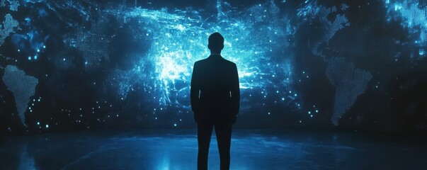 Aufkleber - Silhouette of male standing in front of digital global map display
