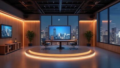 Poster - Virtual studio background with movies theme, ideal for online events. Custom 3D render backdrop suited for TV shows, product reviews. Office room interior stage with table, chairs, wooden walls,