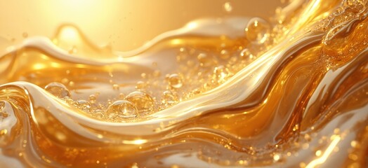 Poster - Abstract golden liquid art featuring metallic sheen, swirls, rich textures. Illustration depth, movement, shimmer, evokes feeling of opulence. Good for screensaver, wallpaper, modern design themes.