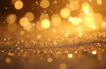 Aufkleber - Golden glitter blurred bokeh lights festive background. Shimmering sparks texture for New Year, Christmas celebration. Abstract holiday party design with radiant light, luxury, glamour.