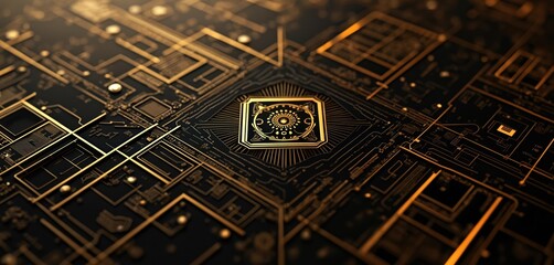 Fototapete - Illustration of golden circuit board on black background with depth of field. Digital art shows tech pattern, micro scheme, microchip, chipset design. Golden lines on dark board tech, AI themes.