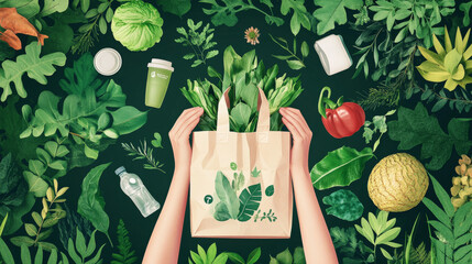 Wall Mural - Save Earth and ecology concept in flat style with a hand holding a young green plant, recyclable eco bags, bamboo, green trees and leaves