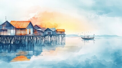 Poster - Peaceful fishing village at sunrise with wooden houses on stilts by the calm sea. Generative AI
