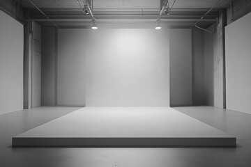 Poster - Monochromatic runway featuring clean lines and soft lighting in a minimalist design space for creative presentations. Generative AI