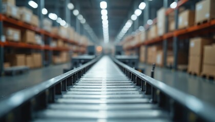 Poster - Conveyor belt transports goods in modern automated factory. Shelves with cardboard boxes. Industrial setting, machinery in operation, distribution warehouse. Automated production line. Concept of