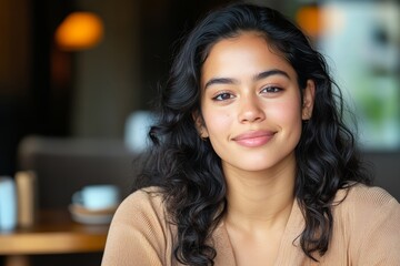 Wall Mural - Young hispanic female with curly hair smiling in cafe setting