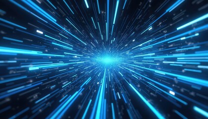 Fototapete - Futuristic illustration featuring high-speed blue light lines with glowing effects on black background. Dynamic design represents data transfer, tech innovation in cyberspace, hi-tech communication,