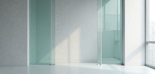 Poster - Minimalist background with white walls, concrete wall texture and glass partition. Clean spacious interior for architectural presentation. Empty bright room with sunlight from windows and city view.