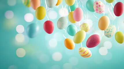 Wall Mural -   Blue background with string-hanging eggs, blurred circles around