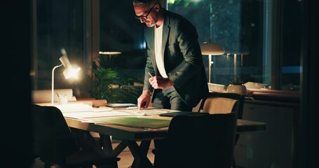 Poster - Man, night and success with blueprint in office, fist pump and vision achievement with infrastructure. Celebrate, architect and edit document with floor plan for layout efficiency, goals and pride