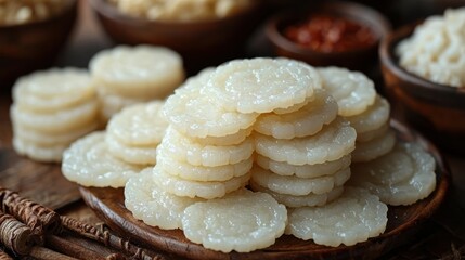 Wall Mural - A stack of round, translucent snacks on a wooden plate, surrounded by ingredients.