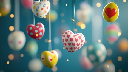 Wall Mural -   A string of hearts, with heart-shaped confetti also hanging from strings