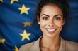 © top images - Smiling young hispanic woman posed against european union flag background