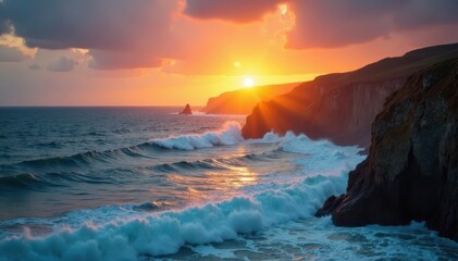 Wall Mural - Golden sunset bathes dramatic cliffs, powerful waves below, golden hour, light