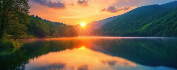 Canvas Print - Breathtaking sunset over serene mountain lake with vibrant sky reflection