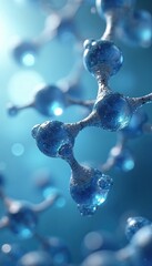 Aufkleber - Close-up of blue molecular structure with bubbles on abstract background. Chemical reactions, interactions shown with glossy atom spheres connected into complex compound. Science medical nano tech