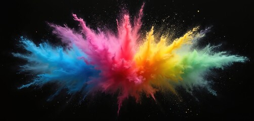 Poster - Illustration shows colorful chalk explosion, vibrant rainbow powder cloud on black backdrop. Abstract Holi paint burst, ink splash, pigment dust background. Celebration, festival design elements,