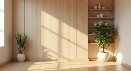 Fototapete - 3D illustration of empty room with wood panel wall. Wooden floor, plant in pot, and light from window. Modern interior with empty wall and sunlight. Background for product placement or text insertion.