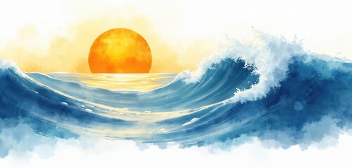 Aufkleber - Illustration of ocean wave, sun texture in transparent PNG format. Blue, yellow sea banner graphic resource for water sports, header or backdrop. Isolated summer design element. Graphic art painting.