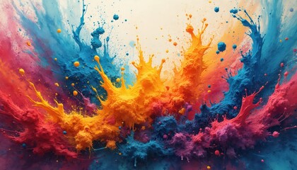 Aufkleber - High angle view of colorful abstract illustration with splashes of paint and watercolor drops. Grunge ink splatters texture in fantasy space nebula galaxy style. Rainbow fractal design, wallpaper art.