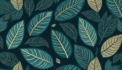 Poster - Seamless dark teal pattern with golden leaves. Floral hand drawn art illustration. Great for backgrounds, textiles, clothing, branding, package design, wallpaper, cards posters. Repeatable design
