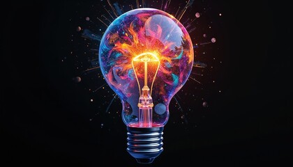 Aufkleber - Illustration of lightbulb filled with abstract colorful shapes, sparkles, patterns. Represents complexity, creativity, depth of fresh tech ideas, innovations, discoveries. Creative illustration in
