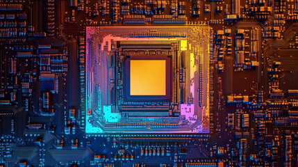 Poster - Computer chip, semiconductor technology outline icon. Computer and mobile device hardware, microchip engineering thin line vector symbol or pictogram with microprocessor on motherboard