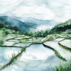 Aufkleber - Hand painted watercolor of lush flooded rice terraces nestled in misty mountains under a cloudy sky. Generative AI