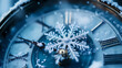 © Thiago - Close-up of a clock face with a snowflake on the hands, showing the concept of time stopping in winter. Frozen Time. Illustration