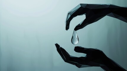 Aufkleber - Stylized 3D illustration of two polygonal hands holding a droplet of water against a gradient background. Perfect for environmental or conceptual design themes. AI generated.