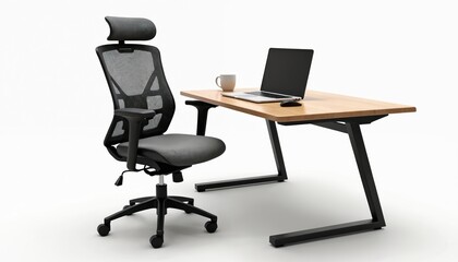Poster - Modern office workspace setup with ergonomic chair, desk, laptop. Clean minimalist design for home office, study space. Comfortable chair promotes good posture. Ideal for presentations of office