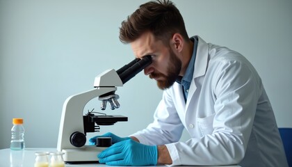 Poster - Bearded scientist in blue gloves looks through microscope in lab. Man in white coat works in laboratory. Science, research, medicine, healthcare, equipment, tech concepts. Chemical analysis test.