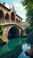 Wall Mural - Ornate bridge gracefully arches over placid water, intricate carvings visible , travel, graceful