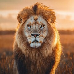 Poster - Majestic lion portrait with golden mane glowing in sunset light providing room for text. Generative AI