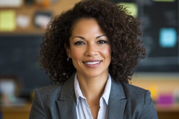 Wall Mural - Confident hispanic female adult in professional attire smiling in office setting