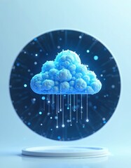 Poster - Virtual cloud environment concept. Digital cloud with data streams over platform, cyberspace theme. Futuristic design digital data storage, network, cloud computing. Innovation in tech, digital