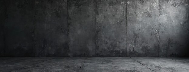Poster - Grunge photo of dark grey anthracite concrete wall and floor. Old aged retro stone cement texture with cracks for banner. Abstract background, banner panorama pattern design template.