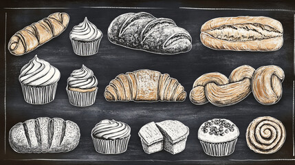 Wall Mural - Bread and pastry food sketch banners of vector chalkboard with wheat bread loaves. French baguette and croissant, cupcake or muffin, cinnamon roll and cereal bun, sandwich toast, pretzel and challah