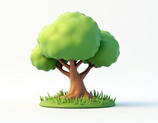 Poster - 3D render of spring tree with green leaves and brown trunk on small green field. Natural plant illustration symbolizes eco awareness, environment protection, nature conservation, sustainable energy.