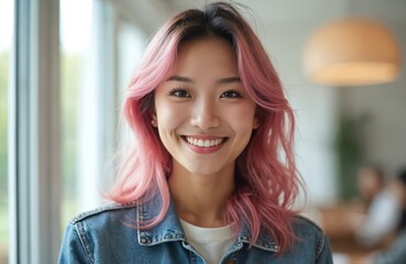 Wall Mural - Close-up portrait of happy smiling young asian woman with pink hair. Beautiful girl in denim jacket joyfully posing. Natural face, healthy skin and positive emotions.