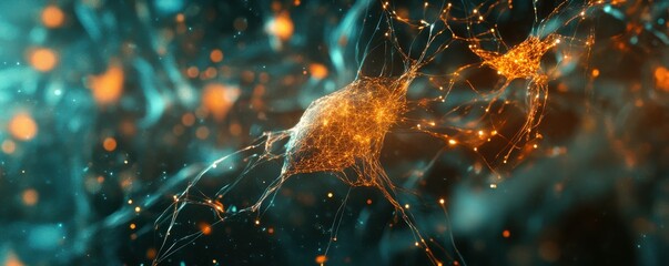 Poster - Glowing neural network: abstract visualization of neurons and synapses in blue and orange