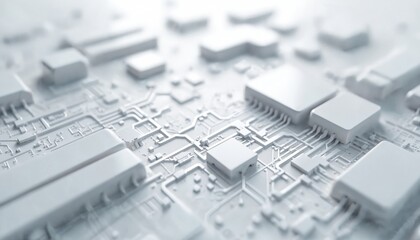 Poster - White abstract futuristic tech background with circuit board texture. Geometric three-dimensional components, microchips connected by lines. Computer motherboard system visualization, engineering