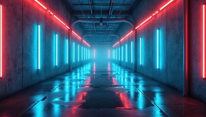 Aufkleber - Futuristic neon lights illuminate a corridor with wet cement floor. Red and blue tubes create cyber garage ambience, vr projection feeling. Ideal for sci-fi, tunnel, underground, station themes.