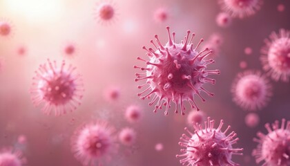 Poster - 3D render of pink virus-like cells on blurred light pink background. Microscopic pathogens illustration shows viral disease, infection spreading. Scientific medical research of flu, coronavirus,