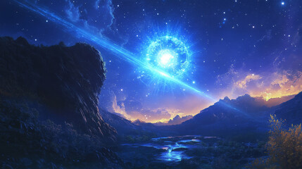 Poster - Blue glowing light flash with lens flare effect. Shining sun with halo and sparkling beams. Bright twinkling luminous star radiance on transparent background
